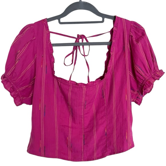 Free People Serotonin Linen Blend Puff Sleeve Embroidered Crop Top Medium - Picture 2 of 5